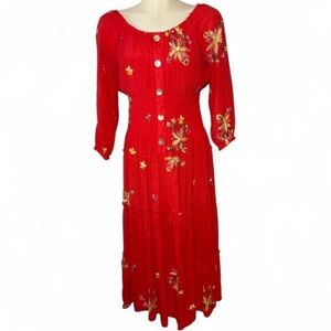 Fig and Flower Red Maxi Dress with Floral Embroidery